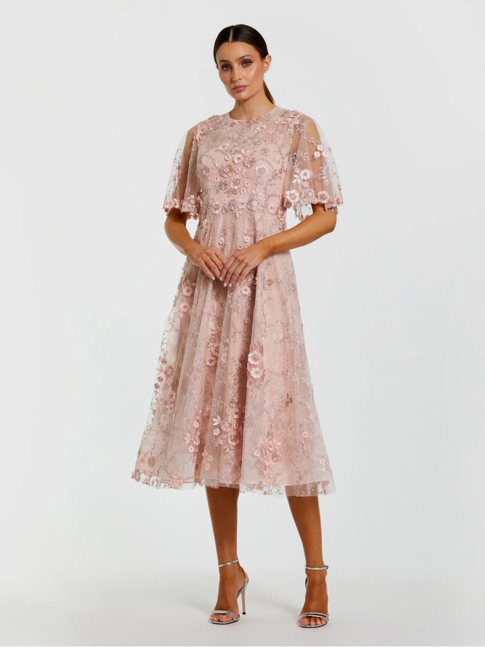 Mac Duggar Blush Pink Floral Pink Flutter Sleeve Embroidered Midi Dress, Size 12